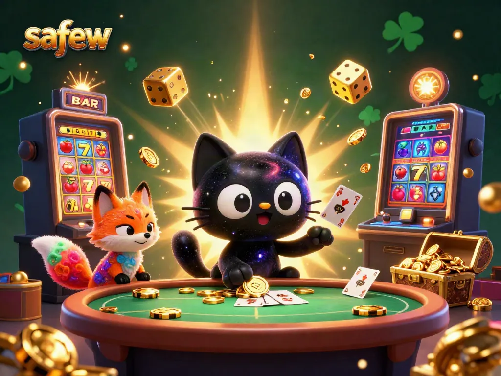 Engage with safew's exciting gaming experience at a cosmic casino with animated characters.