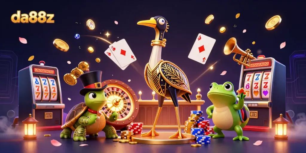 Experience thrilling games at da88z with a lively illustration featuring slot reels and vibrant characters.