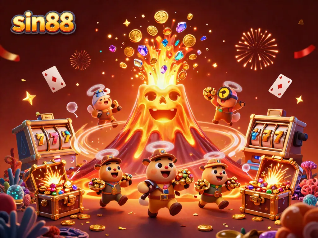 Experience the thrill of sin88 with vibrant treasures erupting from a golden volcano in this dynamic casino scene.