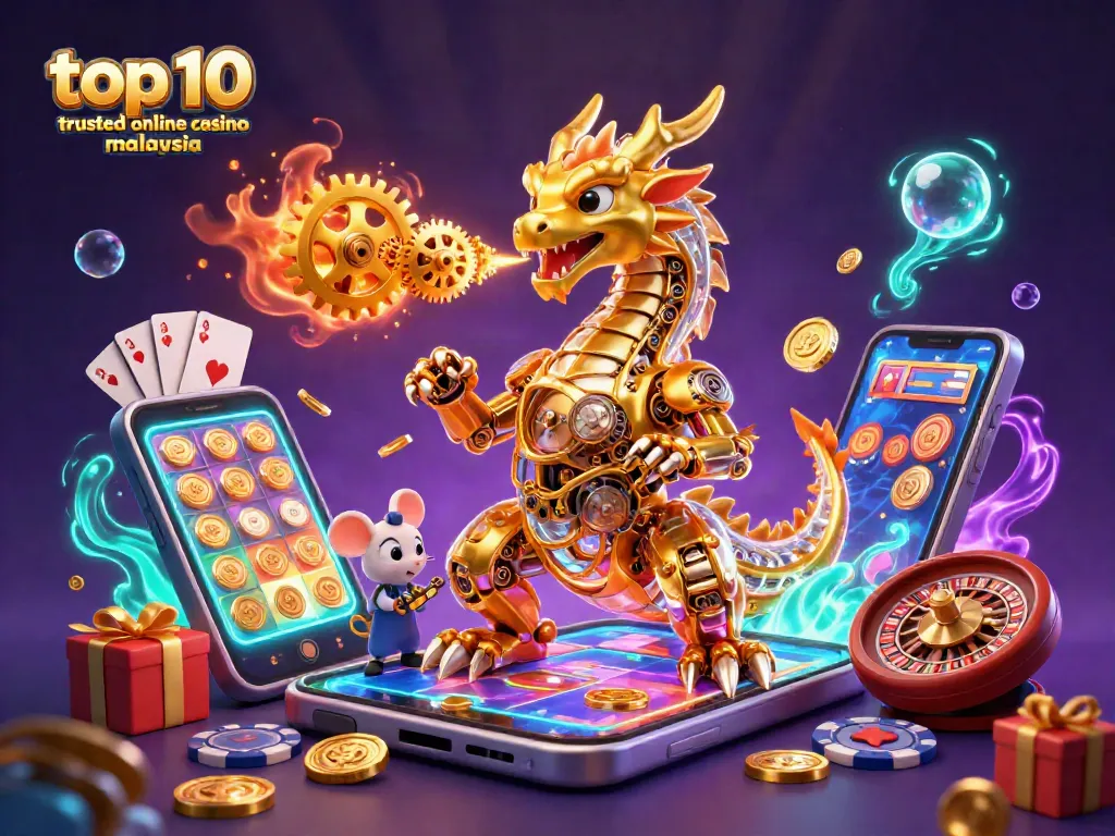 Experience the excitement of top 10 trusted online casino malaysia with vibrant game elements and a dynamic 3D scene.