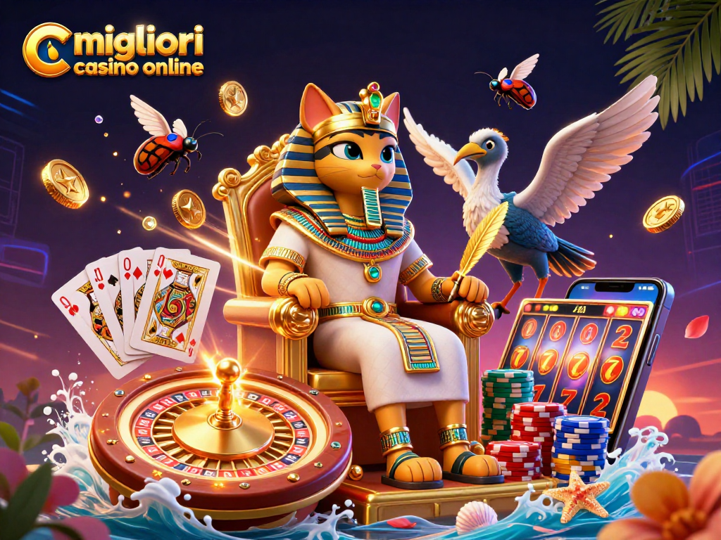 Immagine illustrativa di migliori casino online con un faraone egiziano e elementi di gioco vividi.