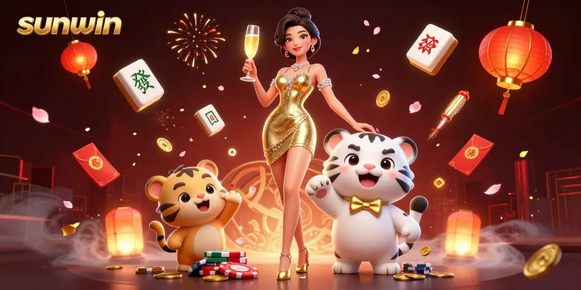 Engage with sunwin on a vibrant casino backdrop featuring a glamorous lady and a lucky tiger.