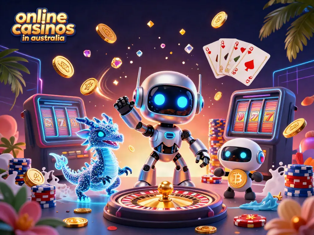 Experience exciting online casinos in Australia with a vibrant 3D illustration of a cyberpunk robot and a digital dragon.