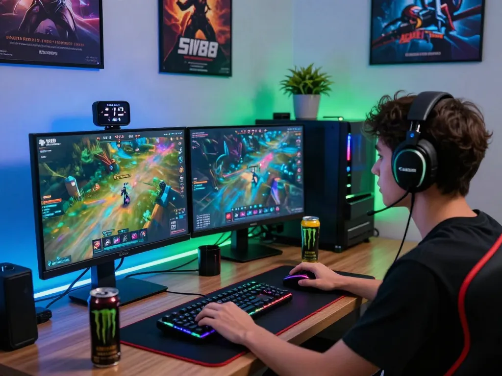 Engaging SV88 gaming scene with user at a dynamic gaming setup.