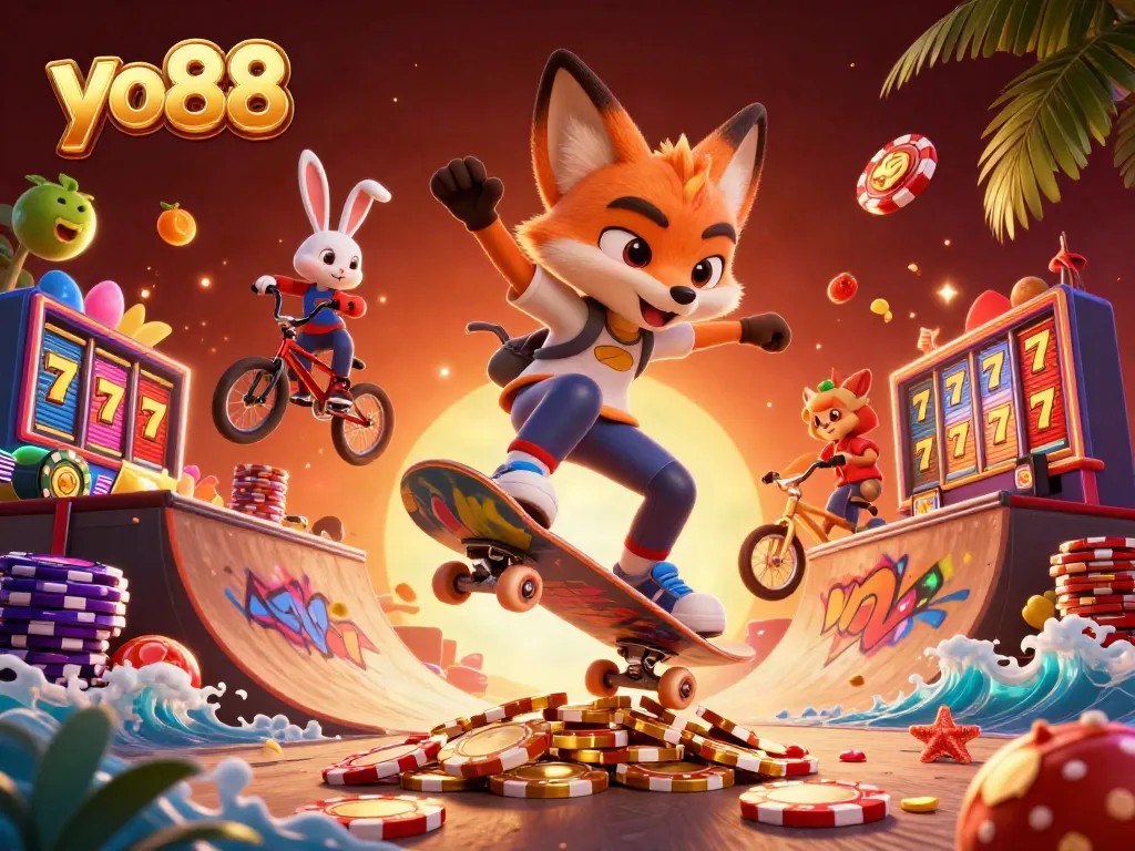 Engaging yo88 scene where a fox skateboards over golden poker chips, framed by vibrant slot symbols and casino elements.