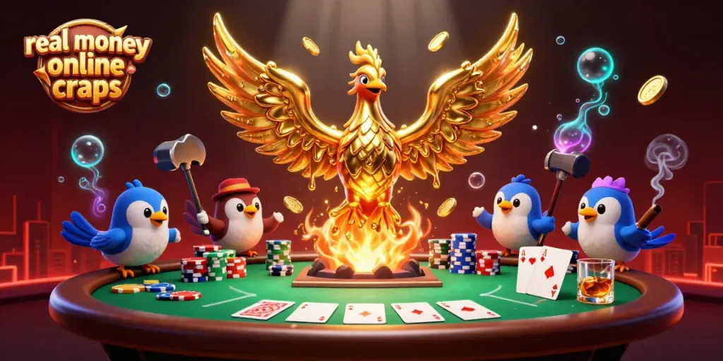 This vibrant scene showcases real money online craps with a molten phoenix and poker elements, strategically arranged in a 3D illustration.