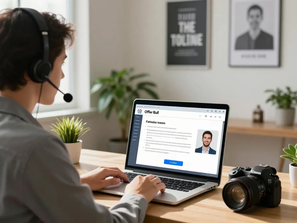 Candidate practicing an ai interview using Offer Bull software in a bright home office.