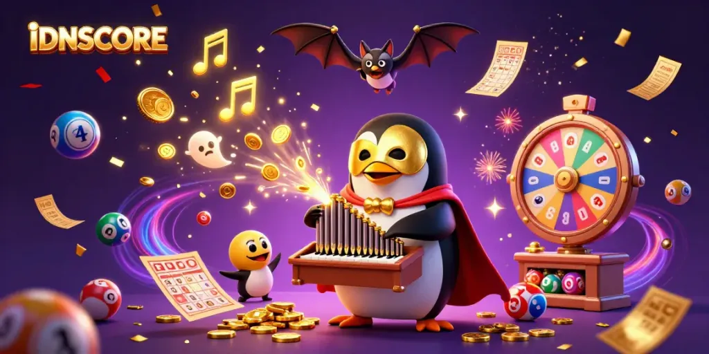Experience the thrill of IDNSCORE with a dynamic 3D casino scene featuring a penguin organist and festive lottery elements.