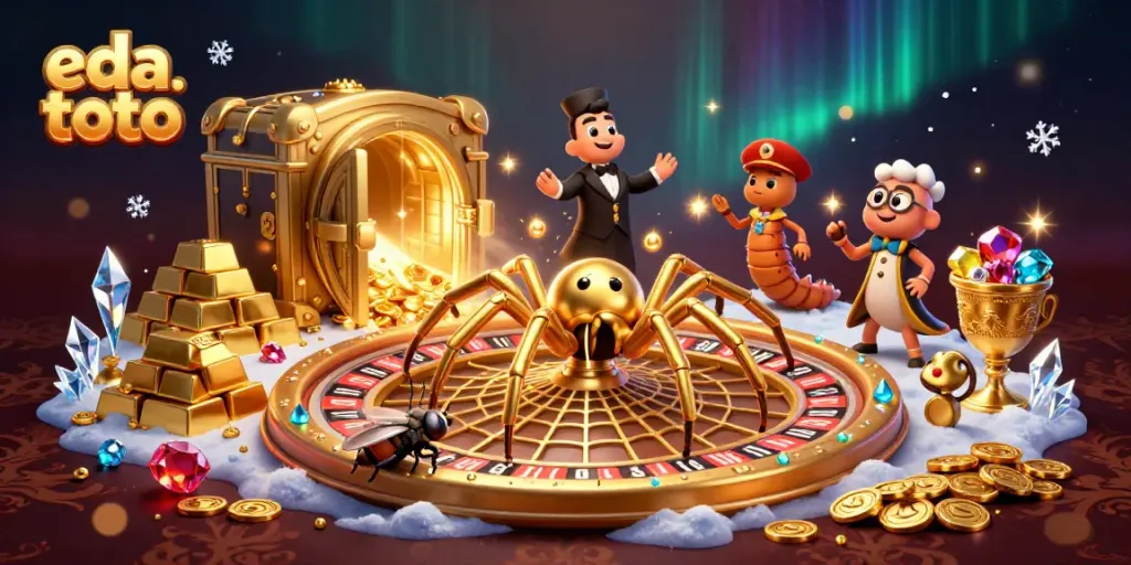 Experience the thrill of eda toto casino with a vibrant scene of a spinning roulette wheel and golden treasures.