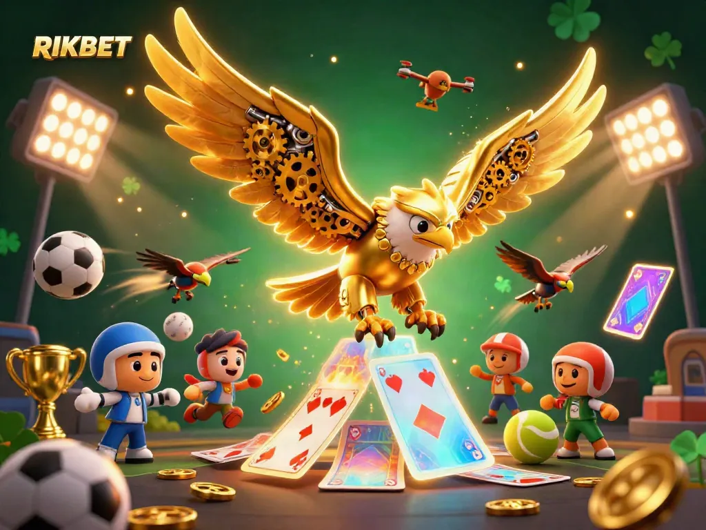 Experience RIKBET's thrilling gaming adventure with a dynamic cybernetic eagle soaring through a vibrant casino scene.