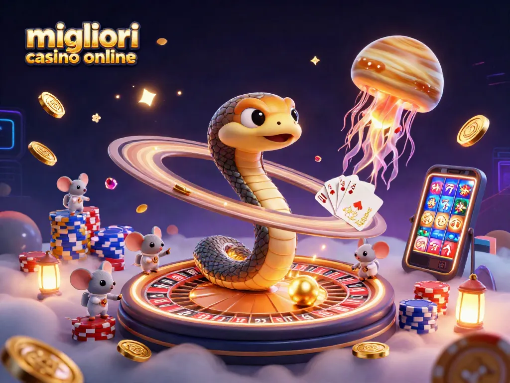 Giocatori scommettono nei migliori casino online con simboli fortunati e monete dorate volanti.