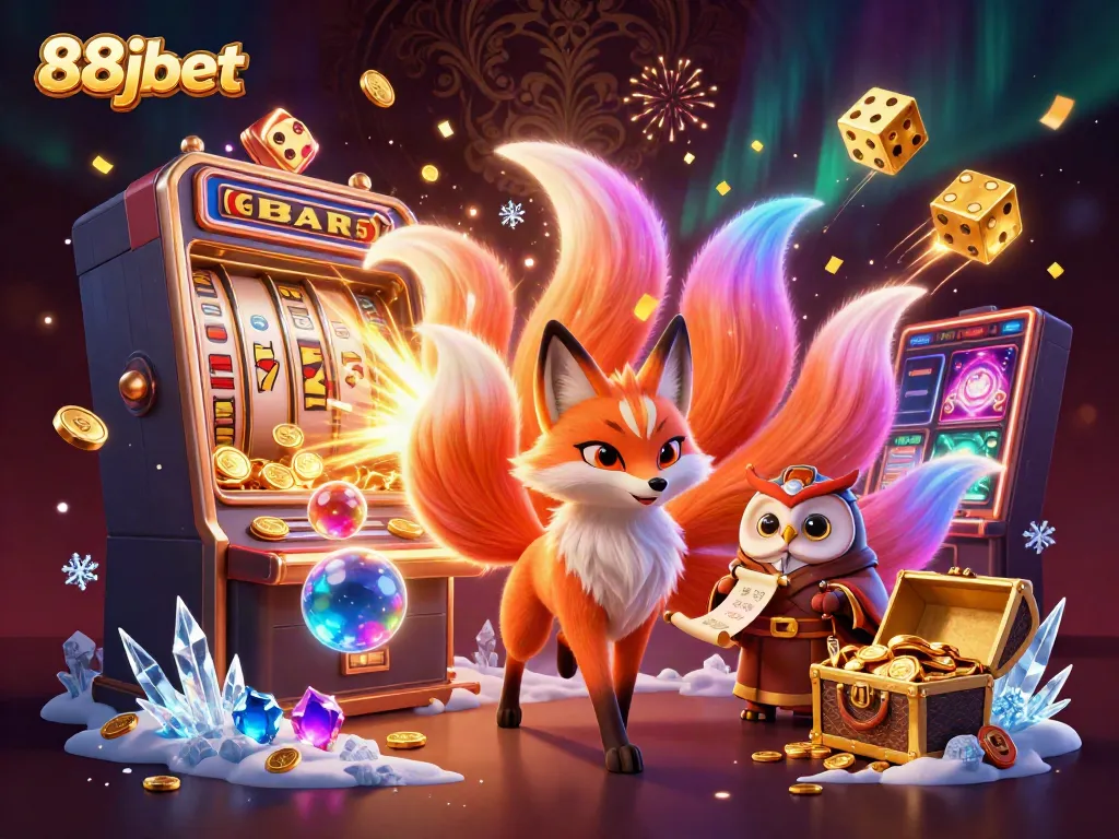 Engage with 88jbet in a vibrant scene filled with a glowing nine-tailed fox and colorful slot elements.