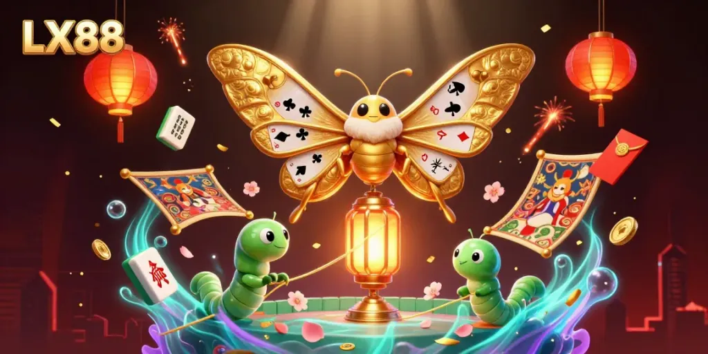 Experience the vibrant world of LX88 with a dynamic casino-themed digital illustration depicting a majestic moth and casino elements.