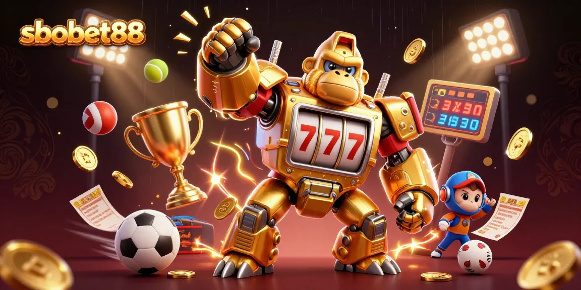 Experience the thrill of sbobet88 as a golden gorilla mech unleashes winning spins in a dynamic betting scene.