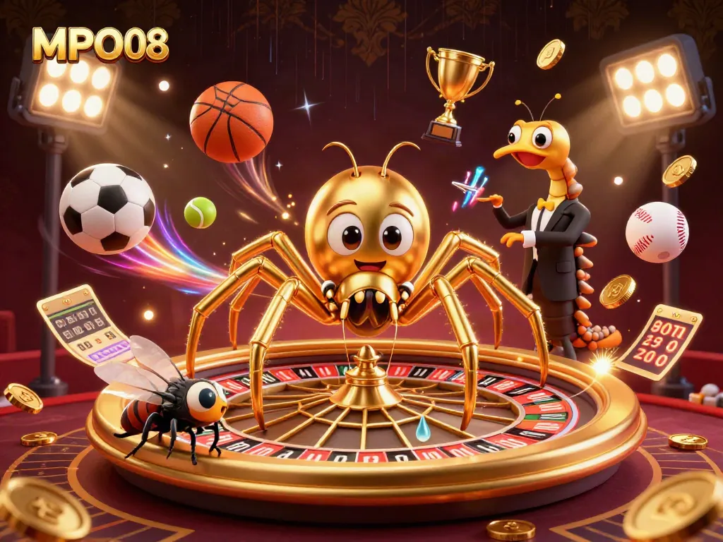 MPO08 action of a fly nervously placing bets on a roulette web with a spider and centipede croupier.