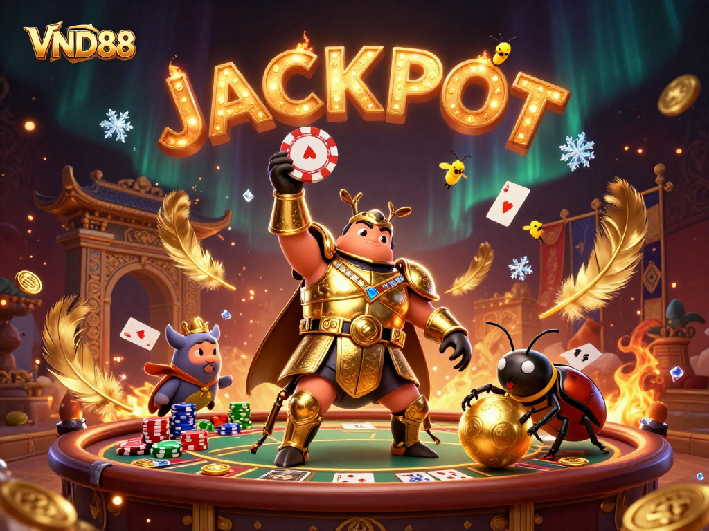 VND88 celebrates wins with vibrant casino elements and animated victories, showcasing poker excitement.