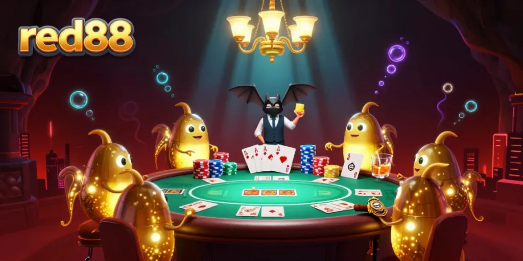 Join the excitement at red88 with glowworms illuminating a vibrant casino scene featuring poker elements.
