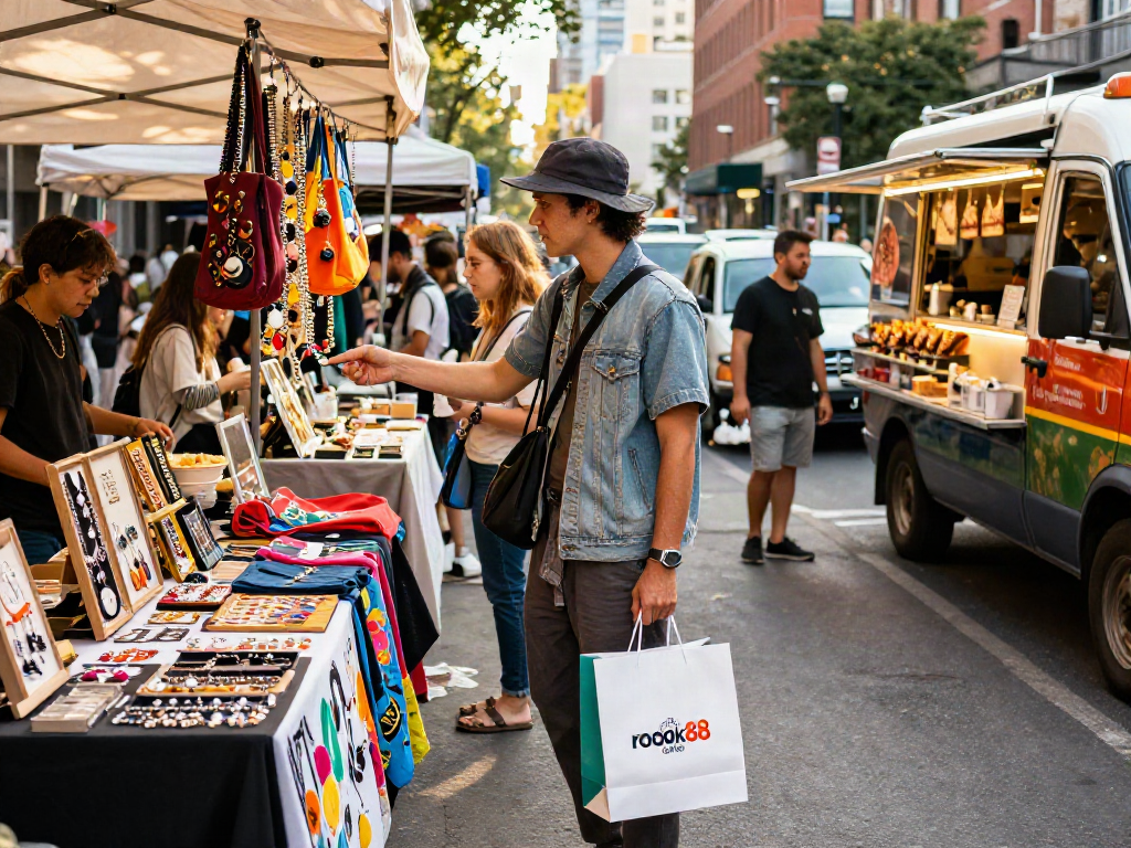 A fashionable individual exploring the vibrant city markets with exclusive rokok88 merchandise.