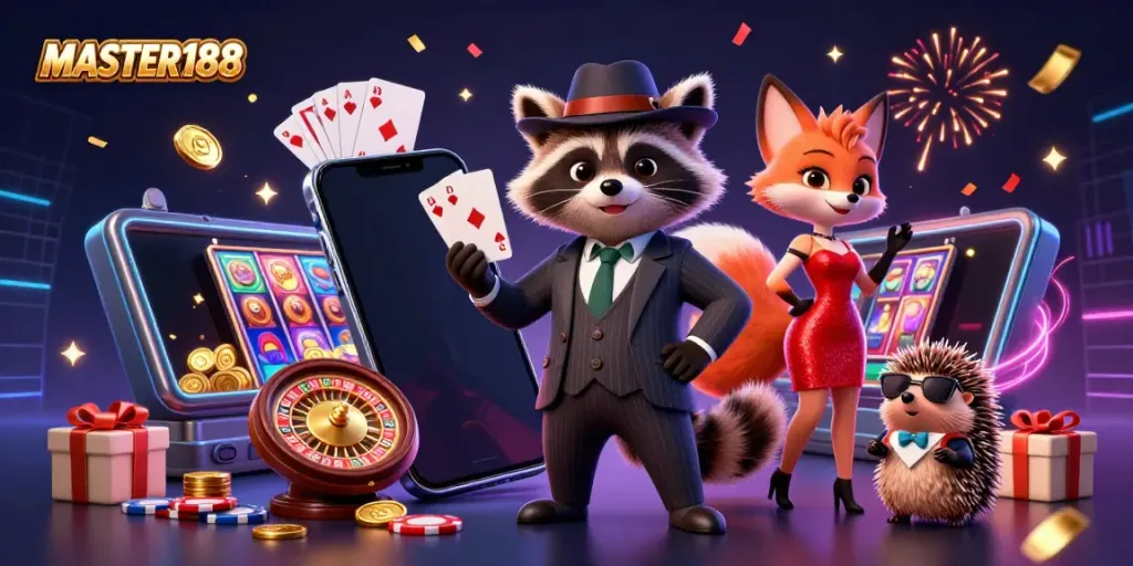 Experience the thrill of MASTER188 with captivating characters and vibrant casino elements.