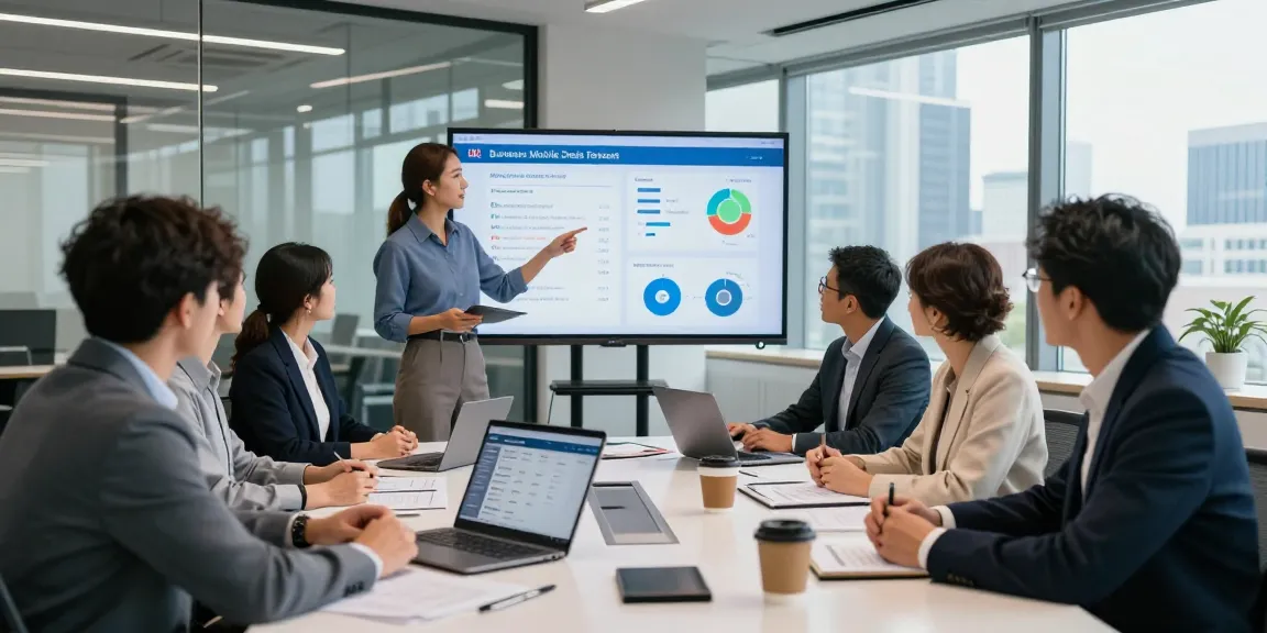 Compare business mobile deals UK in a professional team meeting, analyzing options and data.
