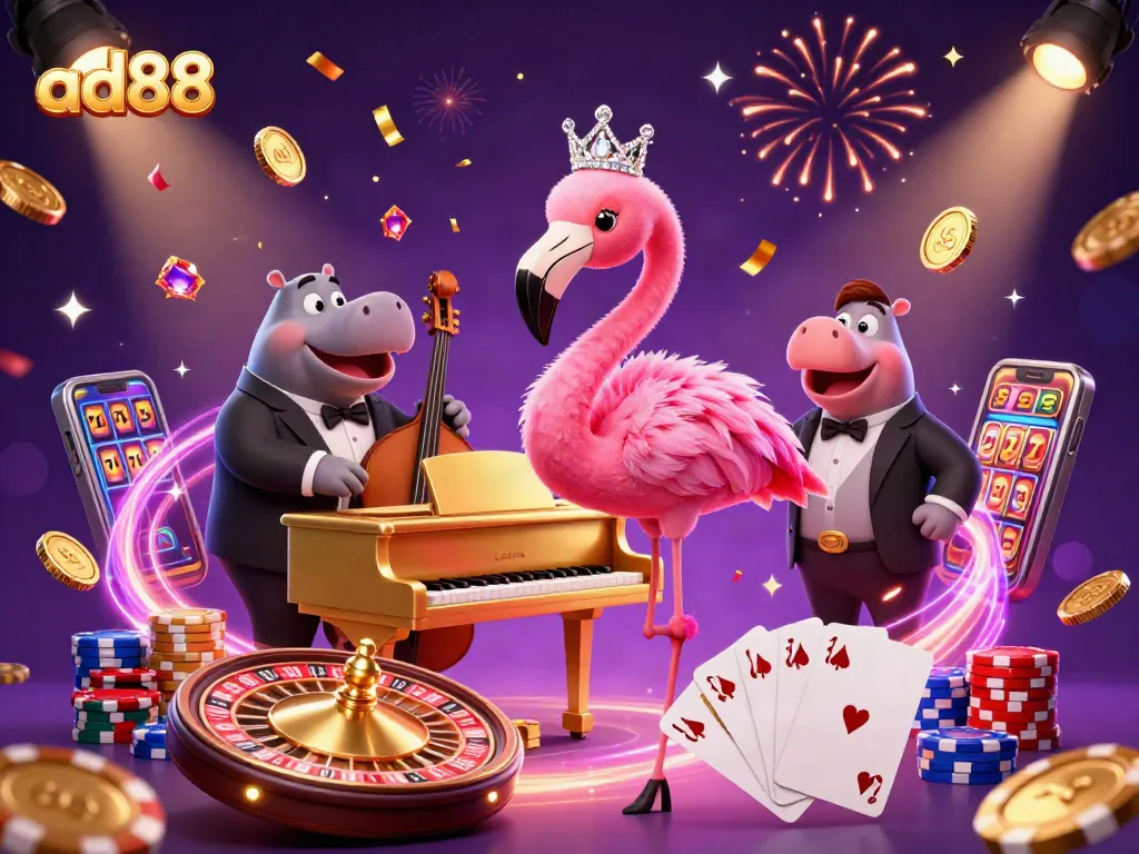 Join the excitement at ad88 with a vibrant casino scene featuring a flamingo and hippo in action!