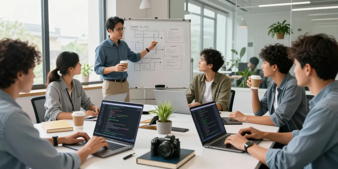 Build internal tools with AI in a collaborative office environment with a team innovating together.