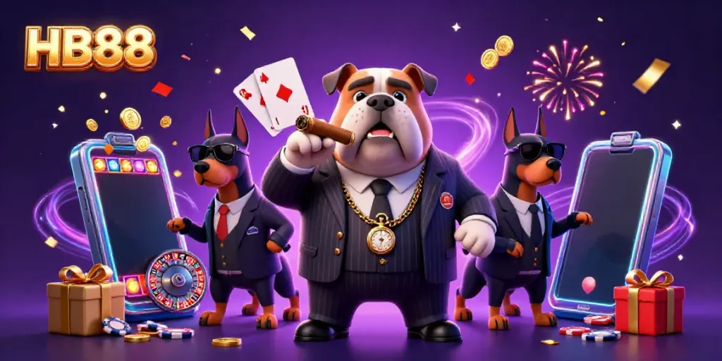 Experience the excitement at HB88 with a vibrant scene of a mafia bulldog and Doberman bodyguards amidst swirling casino elements.