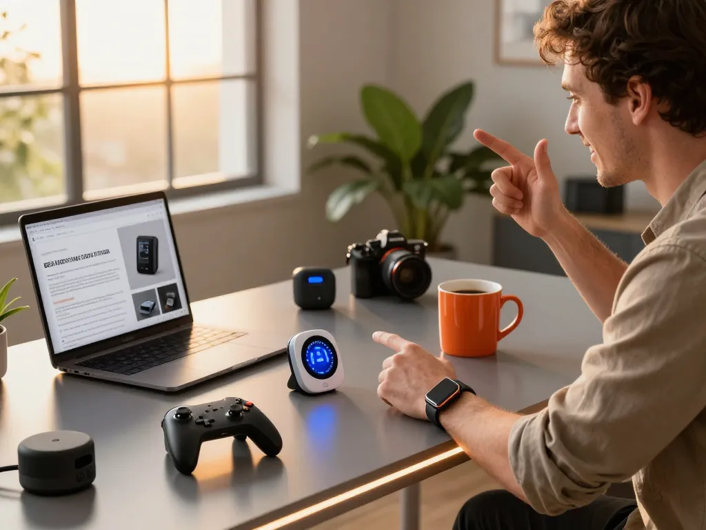 The scene showcases the best tech gadgets for men in a cozy workspace filled with innovative Bluetooth devices and a warm atmosphere.