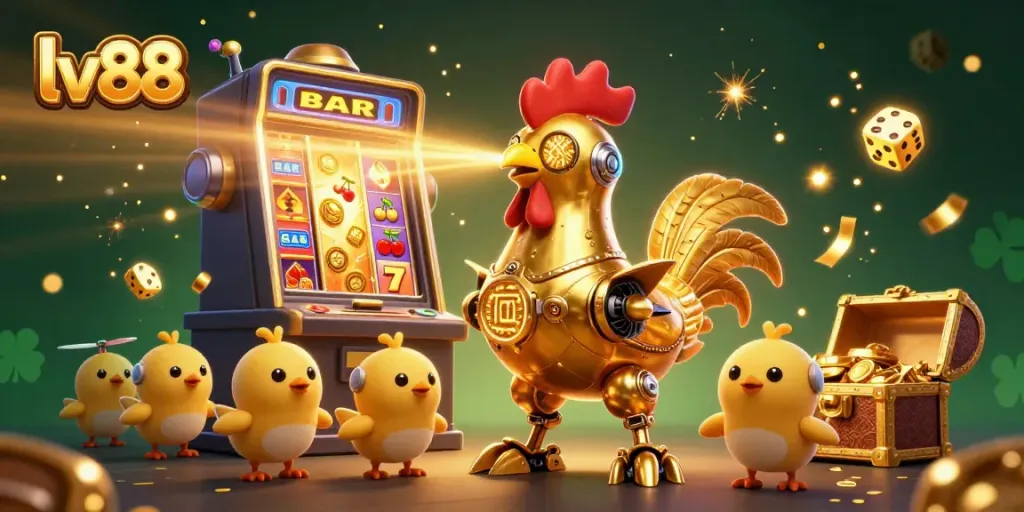 Engage with lv88's thrilling casino experiences featuring a golden rooster robot and exciting gaming elements.