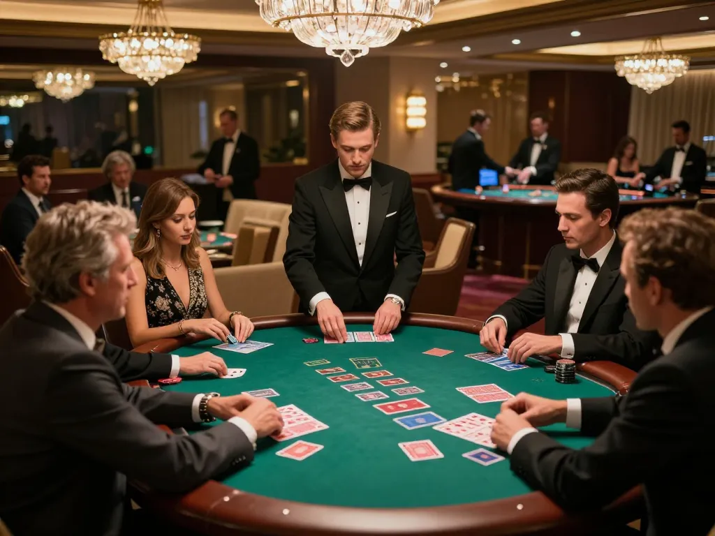 Engaged players at bong99 blackjack table in luxury casino focus on their hands under warm chandelier lighting.