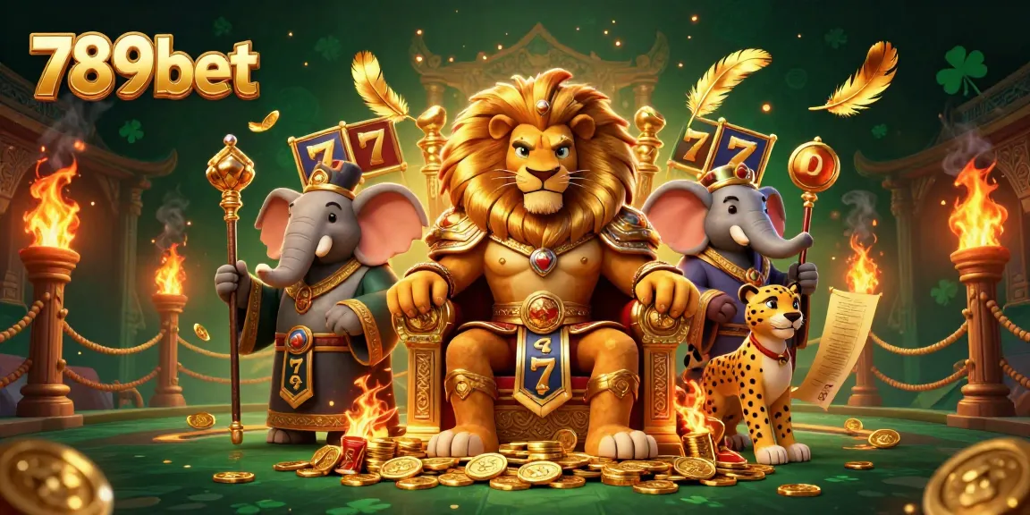 Engage with 789bet in a vibrant scene featuring the lion king, seated on gold coins, amidst slot symbols and festive elements.