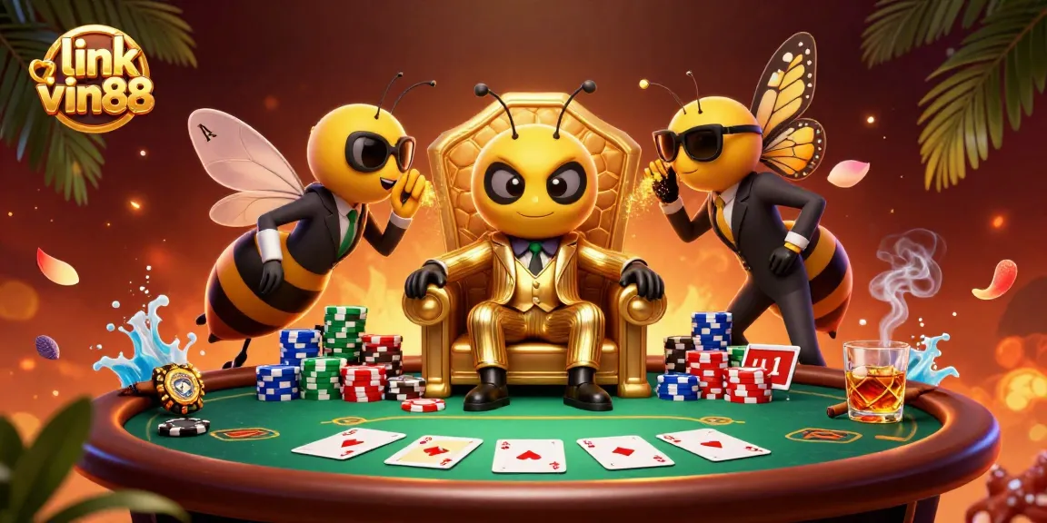 Engage with link vin88 as a cartoon bee mob boss rules the casino in a lavish setting, surrounded by poker elements.