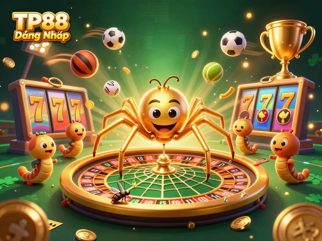 Experience exciting gaming action with TP88 Đăng Nhập as a golden spider spins a roulette web.