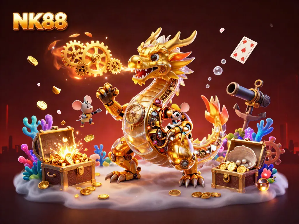 Engage with the NK88 casino platform featuring a dragon surrounded by casino elements