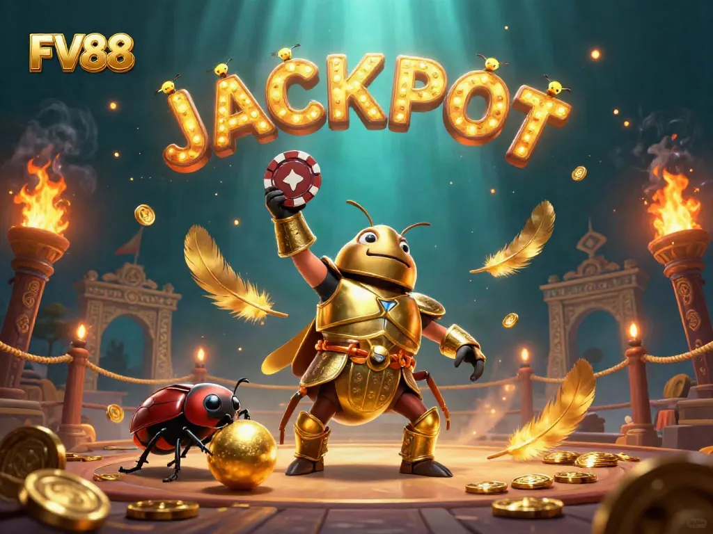 Experience FV88's online gaming excitement with a vibrant jackpot scene featuring beetle characters and immersive casino elements.
