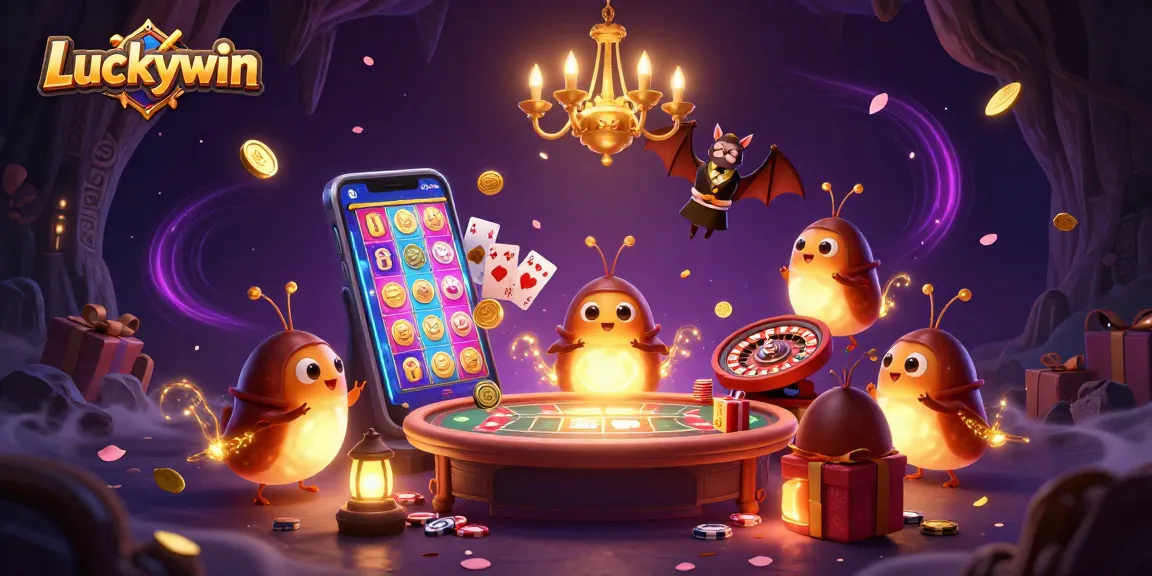 Experience Luckywin's vibrant cave casino with glowing glowworms and dynamic gaming elements.