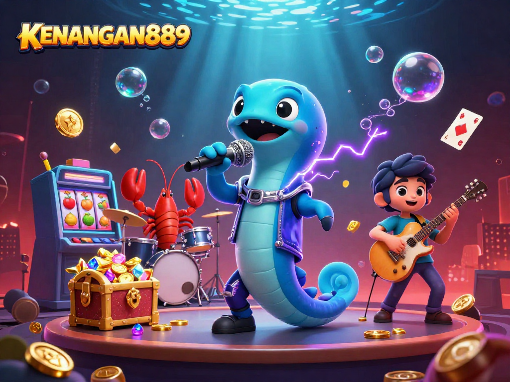 KENANGAN889 features a vibrant underwater casino scene with an electric eel DJ, a lobster drummer, and a seahorse guitarist