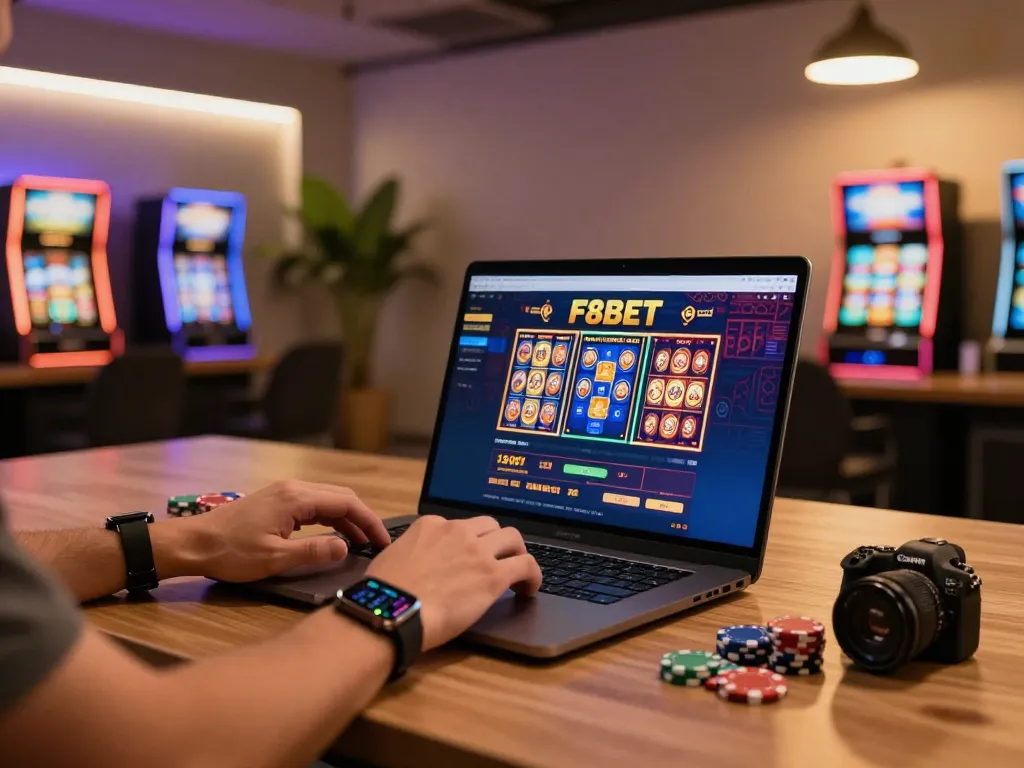 Playing exciting games at F8BET online casino with colorful slots on screen and poker chips.