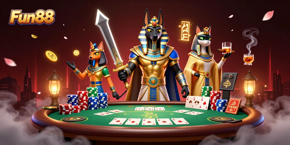 Experience Fun88 with an epic scene of Anubis and Bastet at a vibrant poker table.