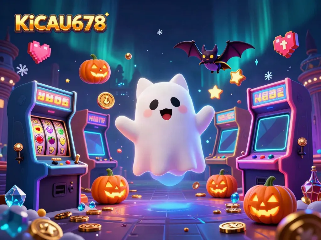 KICAU678 casino scene showcasing a ghost cat and bat companion amid slot machines and glowing game elements