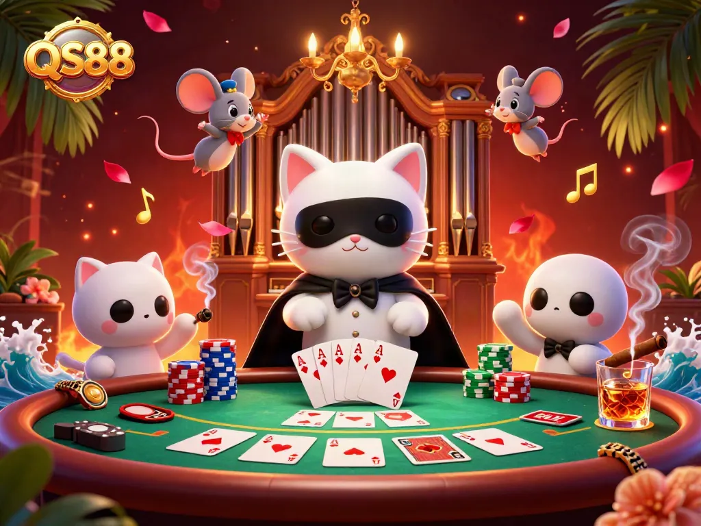 Engage in thrilling gaming excitement with QS88 featuring a whimsical casino scene filled with playful characters.
