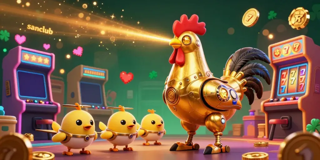 Engage with the sanclub gambling universe, featuring a futuristic golden rooster shooting winning laser beams amidst vibrant game elements.