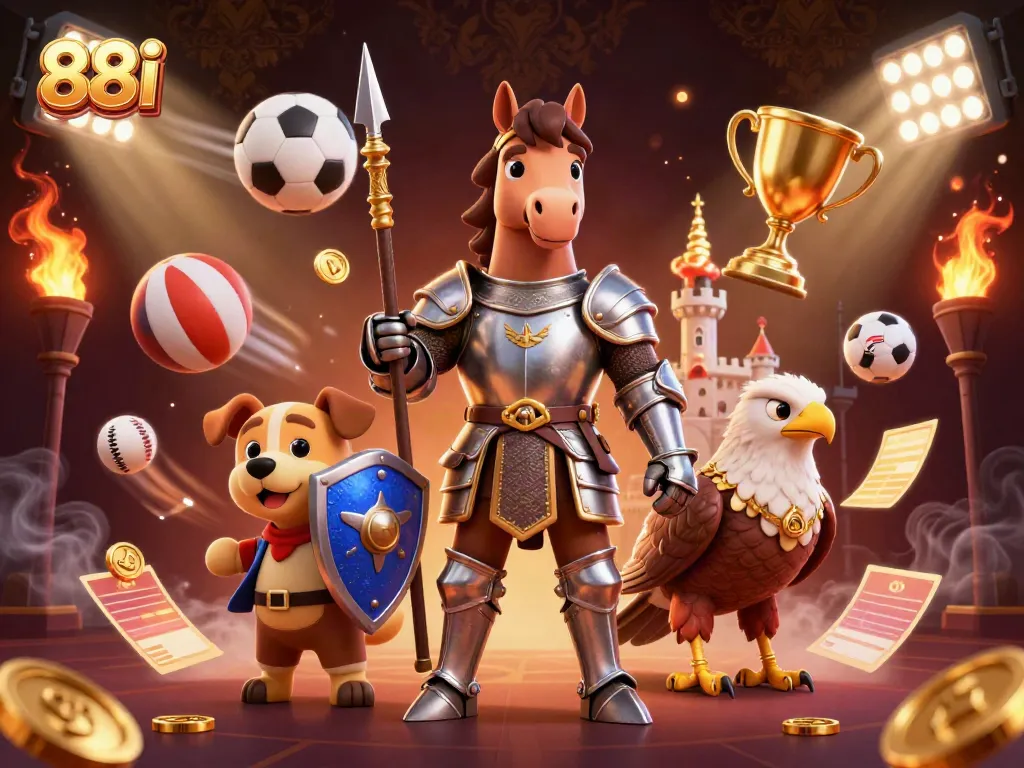 Engage in thrilling casino action with 88i featuring knights, sports elements, and vibrant visuals.