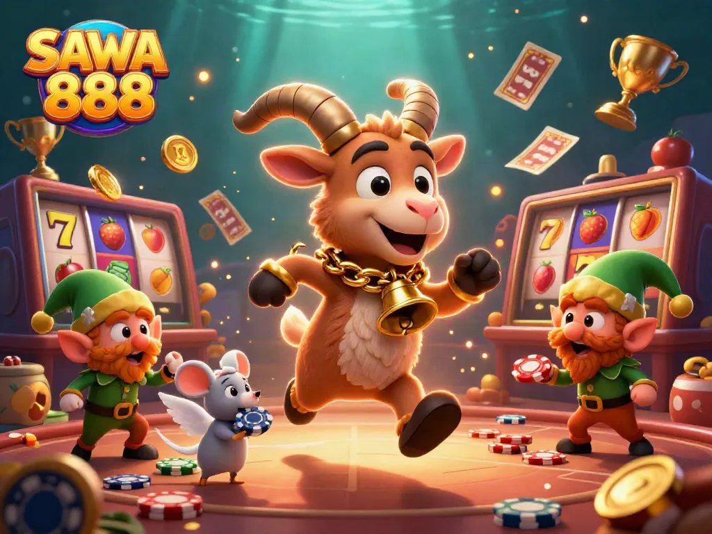 Experience the excitement of SAWA 888 with animated characters in a dynamic casino environment.