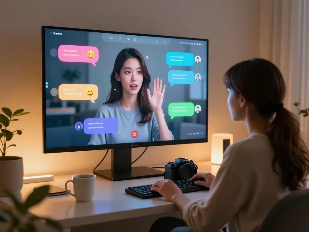 Engaging ai porn chat experience with interactive female character in modern digital setting.