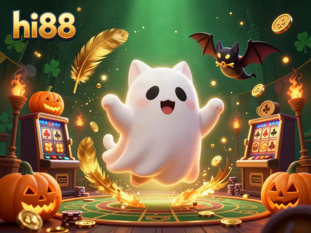 Join the thrilling hi88 experience with a ghost cat and vampire bat in a haunted casino, combining games and fun.