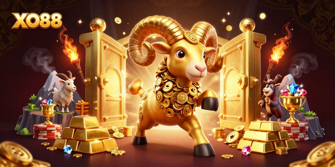 Engage with excitement at XO88, featuring a golden ram charging through opulent gates and treasures.
