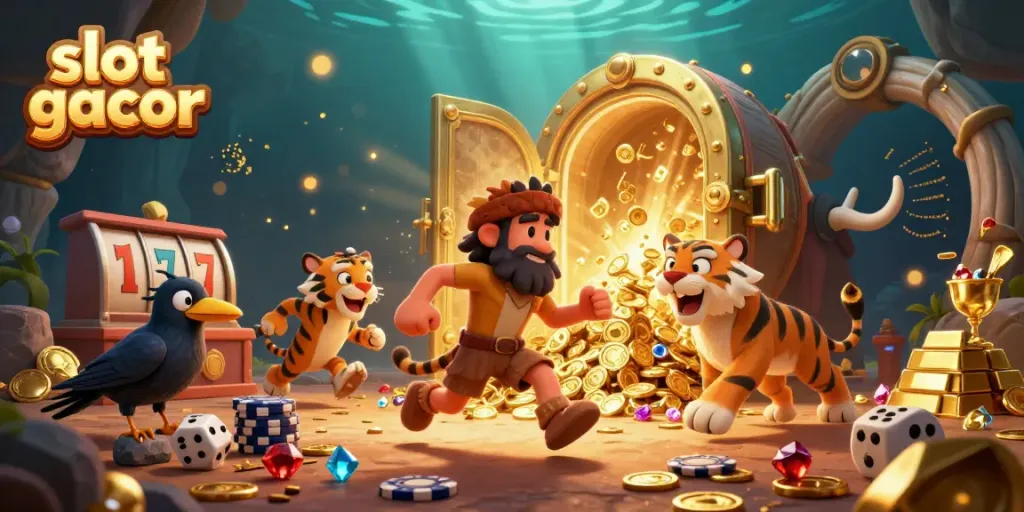 Experience the thrill of slot gacor with a lively illustration of a caveman casino featuring treasure and dynamic game elements.