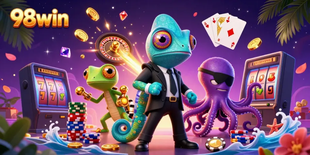 Experience thrilling gaming at 98win with vibrant characters, dynamic game elements, and casino excitement.