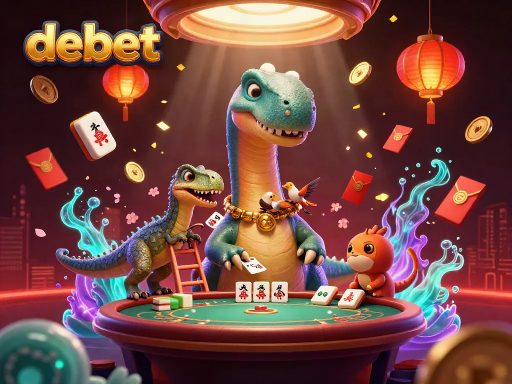 Experience the excitement at Debet with a vibrant casino scene featuring a giant brontosaurus and clever raptor dealers.